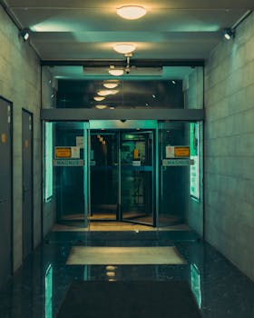 Reflective glass entrance in a modern corridor, Saint Petersburg, Russia.